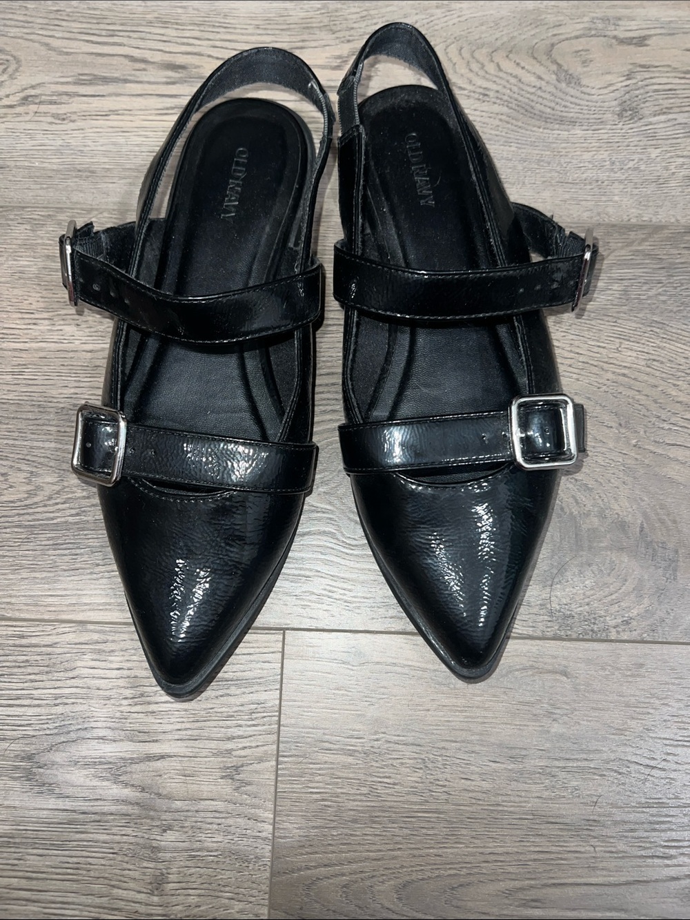 Old Navy Black Pointed Slingback Flats with Dual Buckle Straps